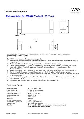 Produktinformation Elektroantrieb Nr. 60000417 (alte Nr ... - Fieger