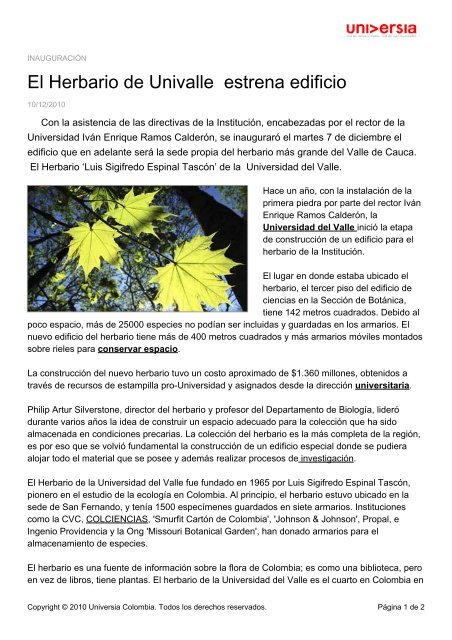 El Herbario de Univalle estrena edificio - Noticias - Universia