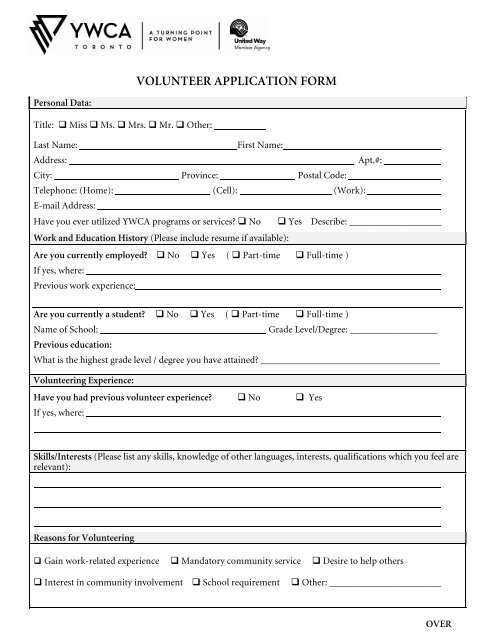 volunteer application form ywca toronto volunteering application form