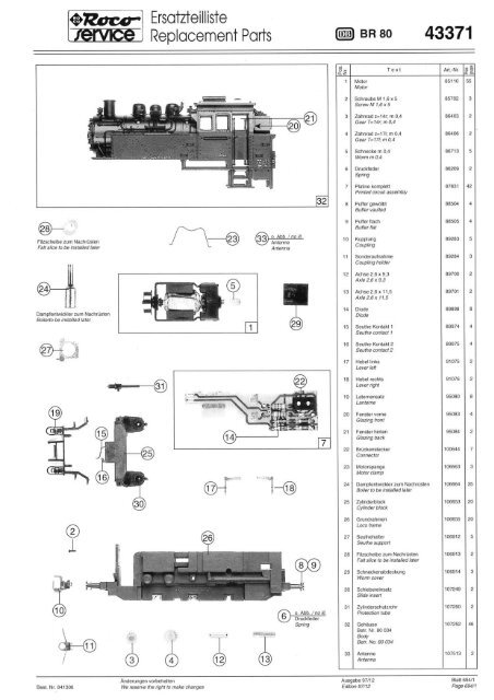 Explosionszeichnung Roco 43371 Dampflokomotive BR 80 zur