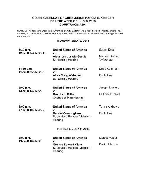COURT CALENDAR OF CHIEF JUDGE MARCIA S. KRIEGER FOR ...