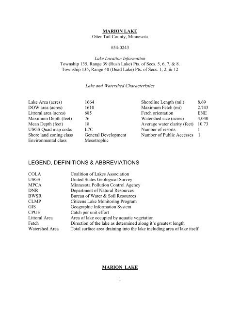 Otter Tail County Mn Gis Marion Lake Management Plan - Otter Tail County