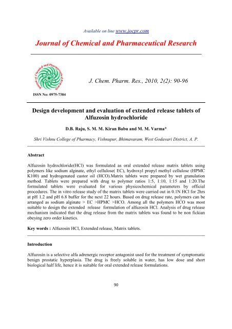 Design development and evaluation of extended release tablets
