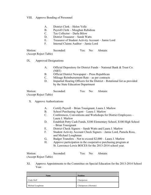 BOARD OF EDUCATION - Northern Adirondack CSD