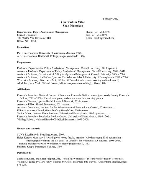 Cv Example Cornell Curriculum Vitae Sean Nicholson - Cornell University