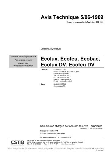 Avis Technique 5/06-1909 Ecolux, Ecofeu, Ecobac, Ecolux DV - CSTB