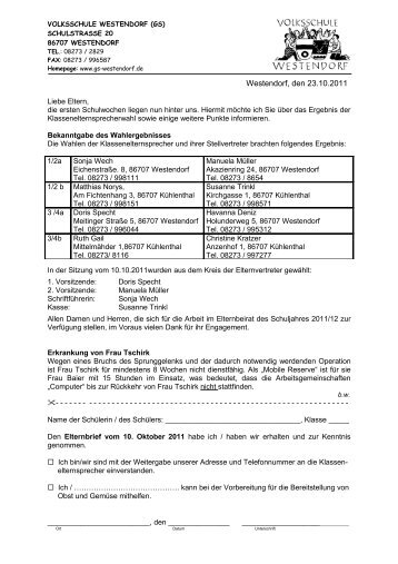 Neuer Elternbeirat und weitere Informationen vom 23.10.2011