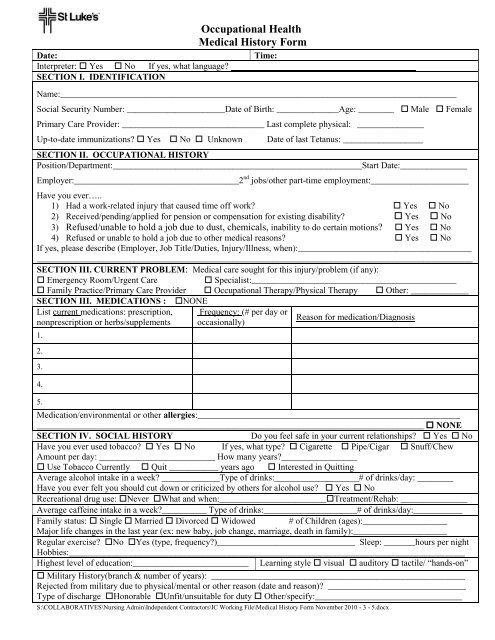 Occupational Health Medical History Form