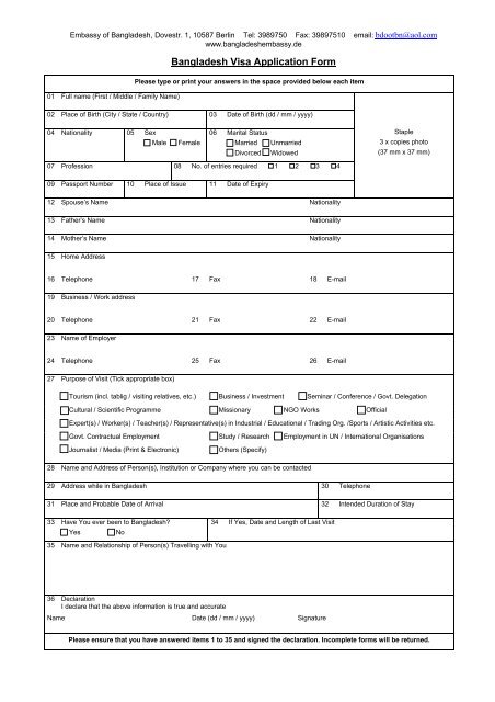Bangladesh Visa Application Form Visum Dienst Berlin