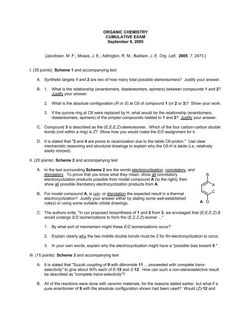 Acbda Organic Chemistry Cumulative Exam September 9