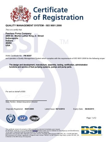 ISO 9001 BSI Certificate - Peerless Pump