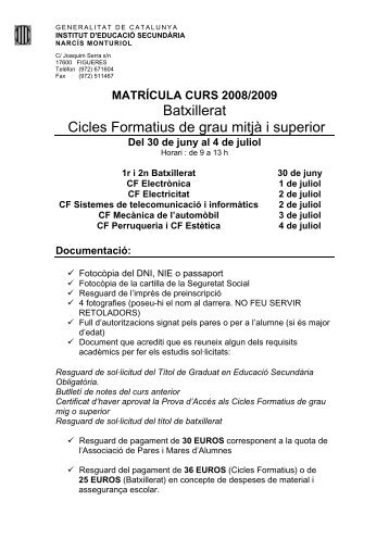 MATRCULA CURS 2000/2001 - IES NarcÃ­s Monturiol