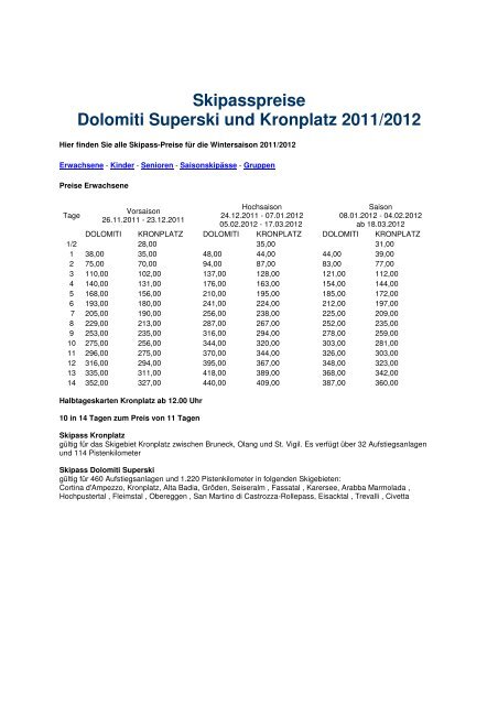 Skipasspreise Dolomiti Superski und Kronplatz 2011/2012