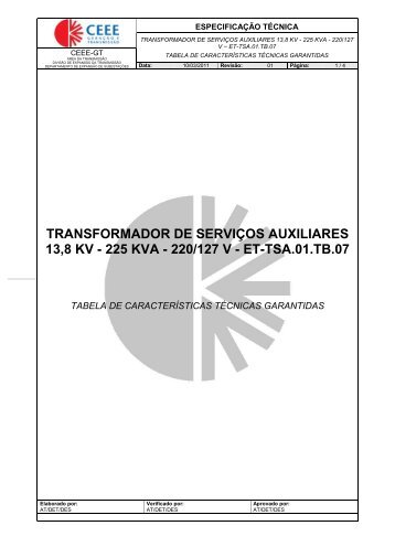 Transformador de ServiÃ§os Auxiliares 13,8 kV - 225 kVA - 220/127 V