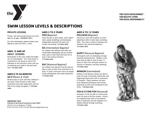 swim lesson levels & descriptions - Central Connecticut Coast YMCA