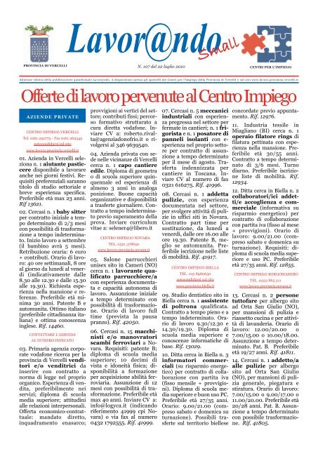 Offerte di lavoro pervenute al Centro Impiego - Comune di Saluggia