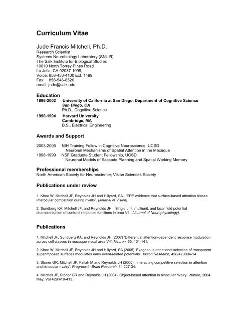 Curriculum Vitae - Systems Neurobiology Laboratory - Salk Institute ...