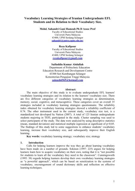 Vocabulary learning strategies of Iranian undergraduate EFL ...