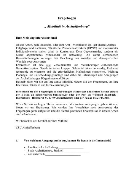 Fragebogen „ Mobilität in Aschaffenburg“ - CSU Schweinheim