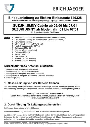 Einbauanleitung zu Elektro-Einbausatz 749328 SUZUKI JIMNY ...