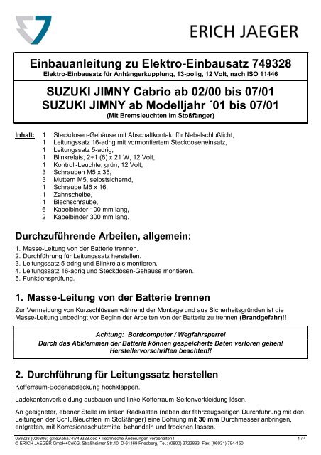 Einbauanleitung zu Elektro-Einbausatz 749328 SUZUKI JIMNY ...