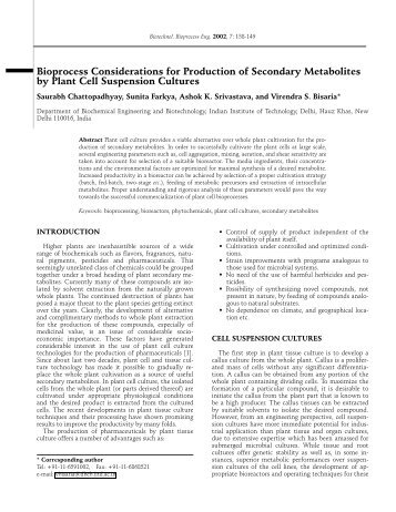 Bioprocess Considerations for Production of Secondary Metabolites ...