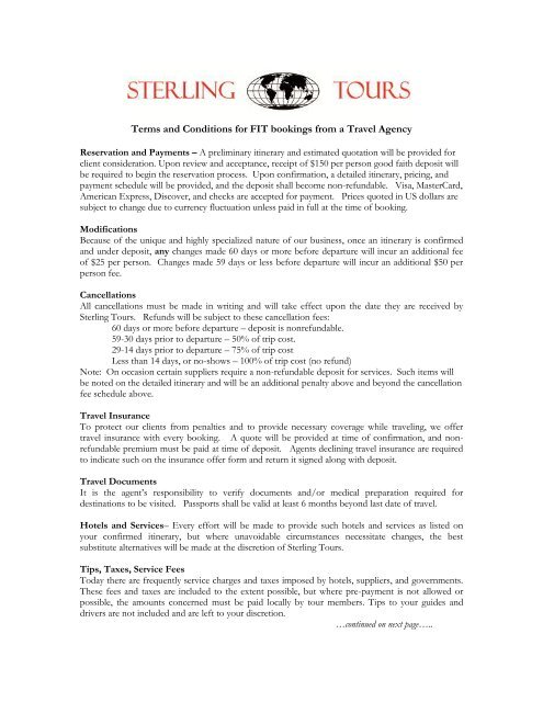 Terms and Conditions for FIT bookings from a Travel ... - Sterling Tours