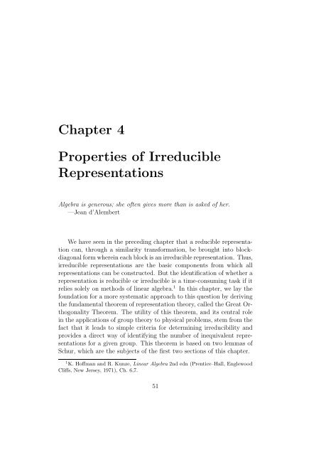 Chapter 4 Properties of Irreducible Representations