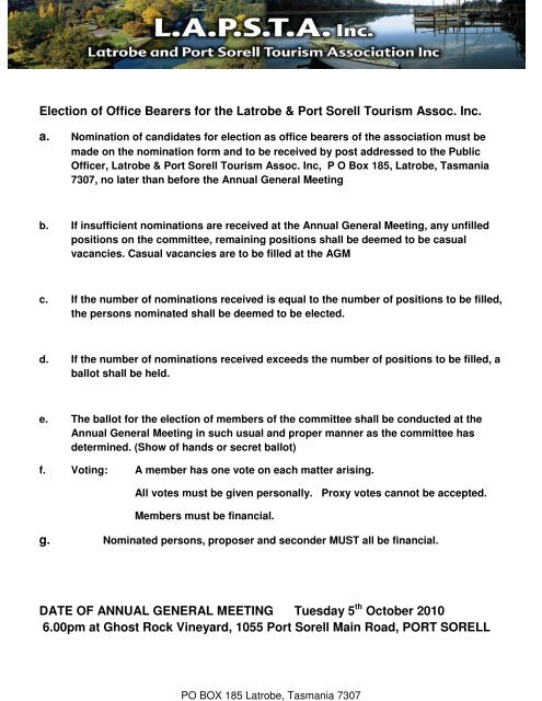 Election of Office Bearers for the Latrobe & Port Sorell Tourism ...