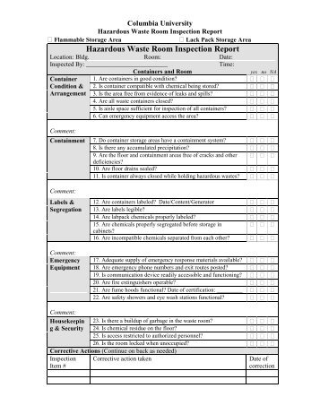 Hazardous Waste Room Inspection Form - Columbia University