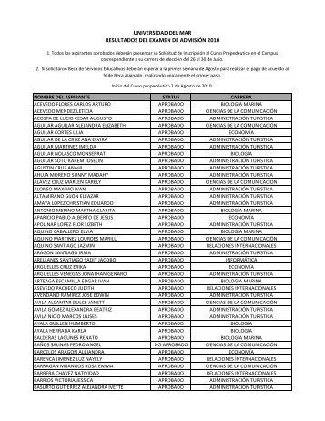 universidad del mar resultados del examen de admisiÃ³n 2010