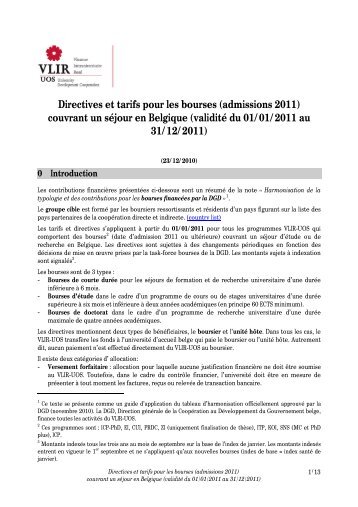 Directives et tarifs pour les bourses (admissions 2011 ... - VLIR-UOS