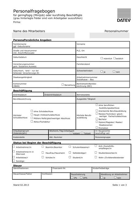 Personalfragebogen fÃ¼r geringfÃ¼gig (Minijob) oder kurzfristig ...