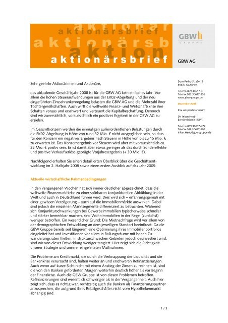 AktionÃ¤rsbrief Dezember 2008 - GBW Gruppe