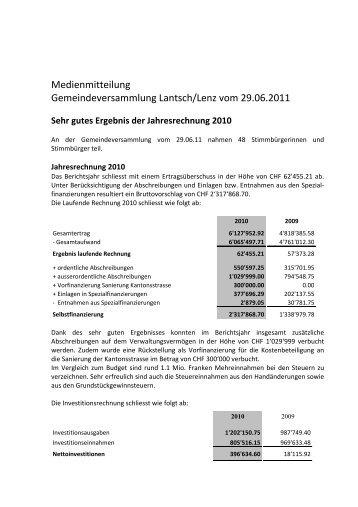 Medienmitteilung der Gemeindeversammlung vom ... - Lantsch/Lenz