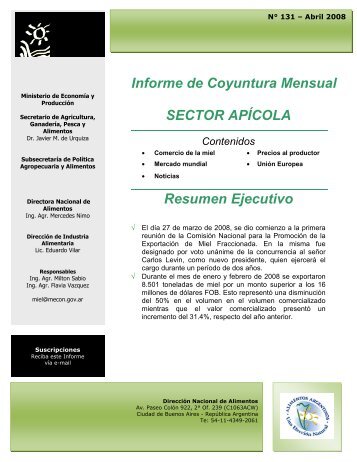 Informe de Coyuntura Mensual SECTOR APÍCOLA Resumen ...