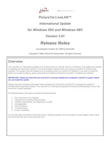 Picturetel Livelan Version 3.01 Release Notes