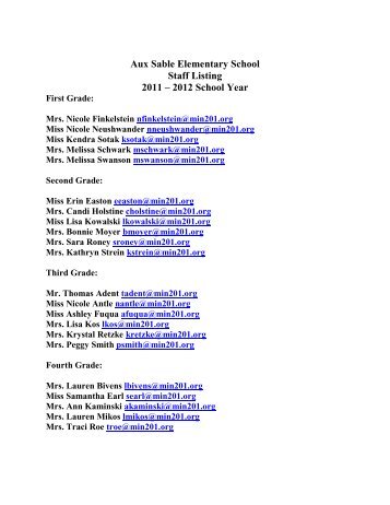 Aux Sable Elementary School Staff Listing 2011 â 2012 School Year