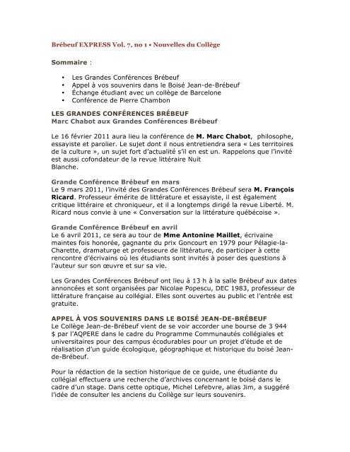 BrÃ©beuf EXPRESS, Vol. 7, no 1 - CollÃ¨ge Jean-de-BrÃ©beuf