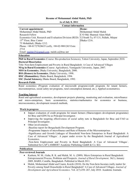 Full CV - BRAC Research and Evaluation Division