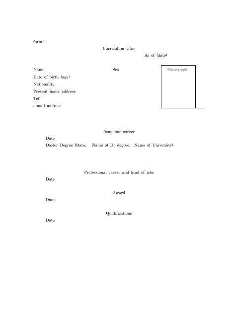 Formï¼ Curriculum vitae As of (date) Name Sex Date of birth (age ...