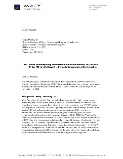 Public Comment Letter Ofccp Maly Consulting Llc