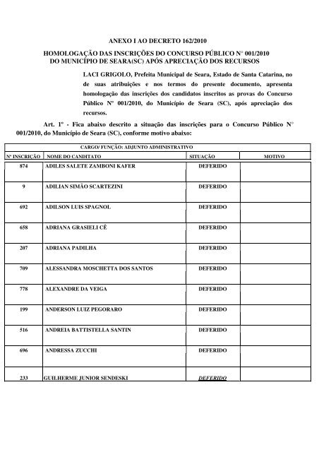 anexo i ao decreto 162/2010 - prefeitura municipal de seara