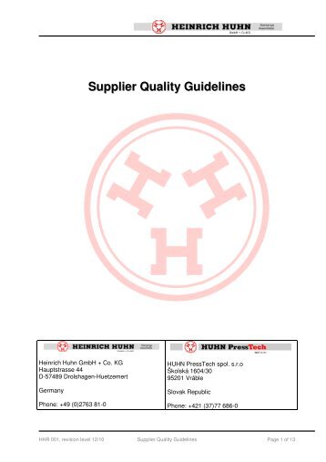 Supplier Quality Guidelines - Heinrich Huhn GmbH & Co.