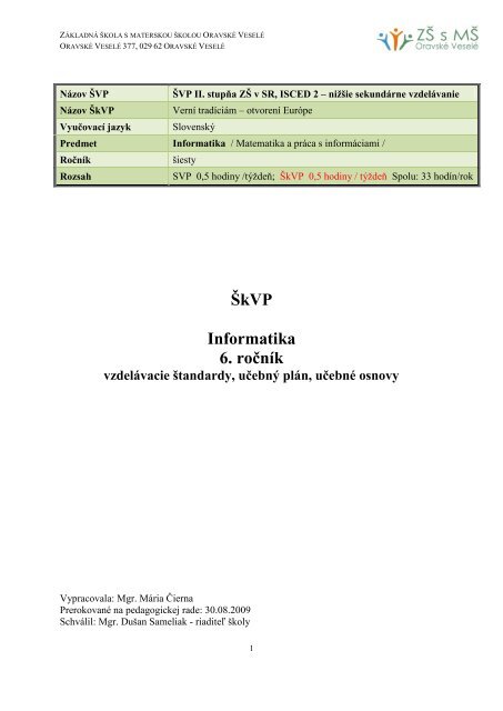 Å kVP Informatika 6. roÄ nÃk - ZÃ¡kladnÃ¡ Å¡kola s materskou Å