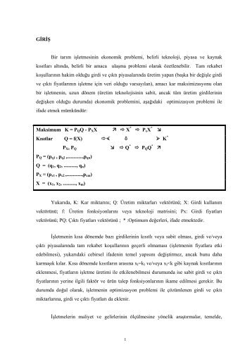 GİRİŞ Bir tarım işletmesinin ekonomik problemi, belirli teknoloji ...