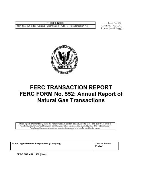Ferc Form No 552 Annual Report Of Natural Gas Transactions