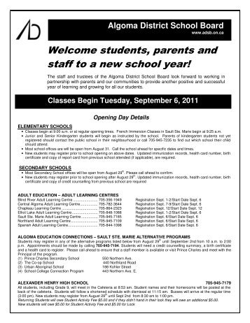 students, parents and staff to a new school year! - Algoma District ...