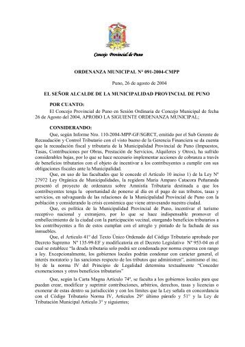 Concejo Provincial de Puno ORDENANZA MUNICIPAL N° 091 ...