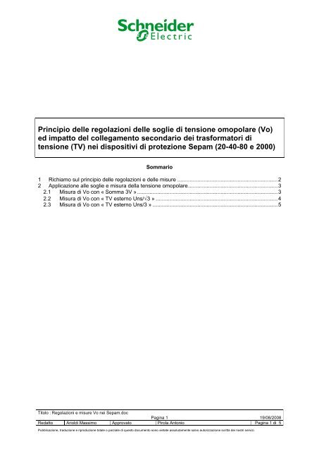 Regolazioni e misure Vo nei Sepam - Schneider Electric